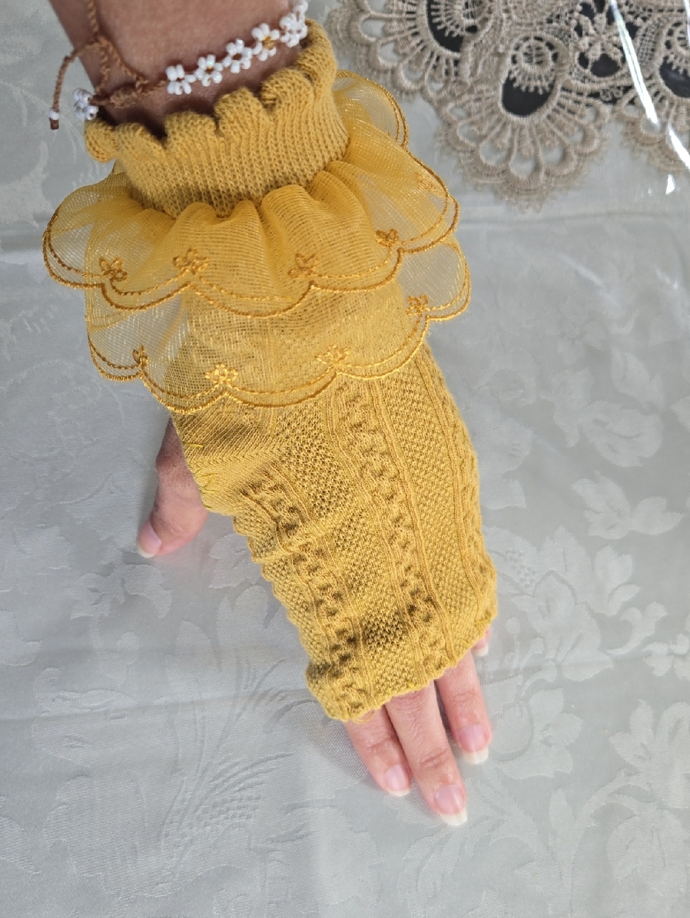 Sleeve Extending Fingerless Gloves Lace-Trim Knit Mustard Handmade